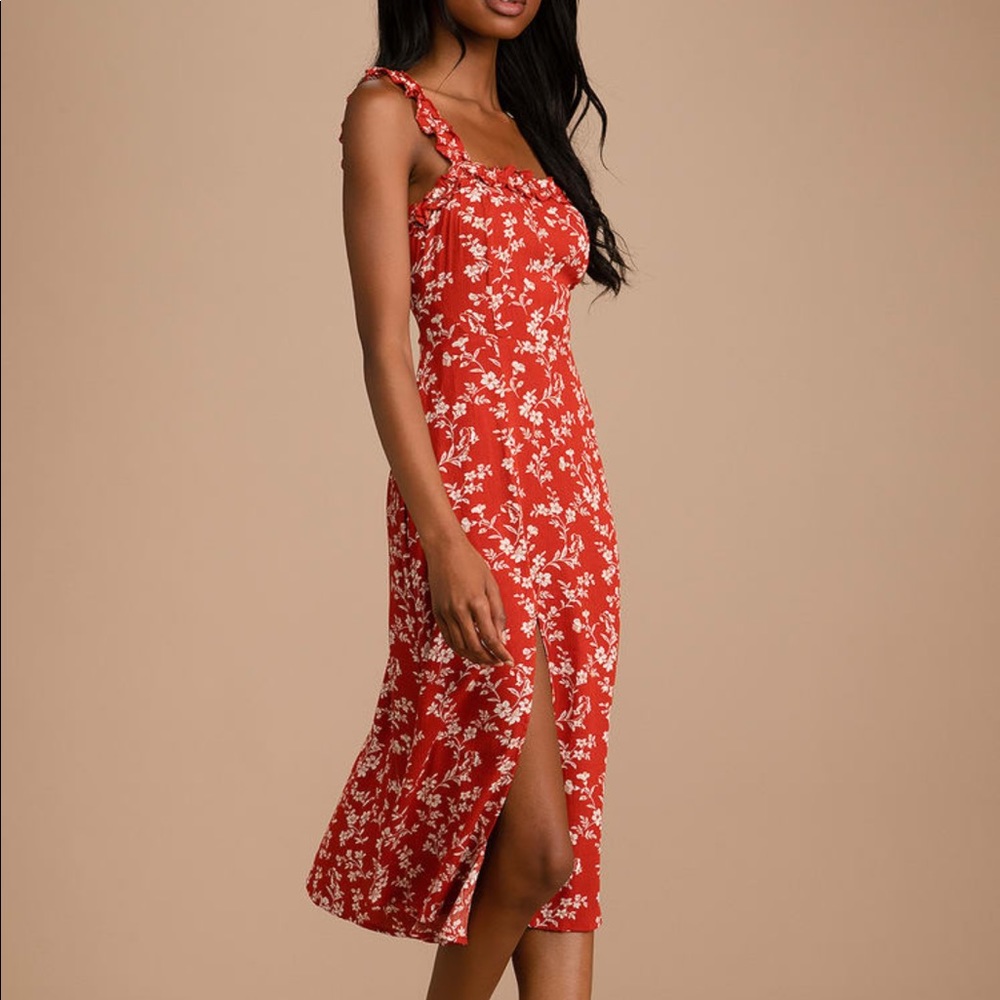 Lulus Orange Floral Print Ruffle Midi Dress size Small